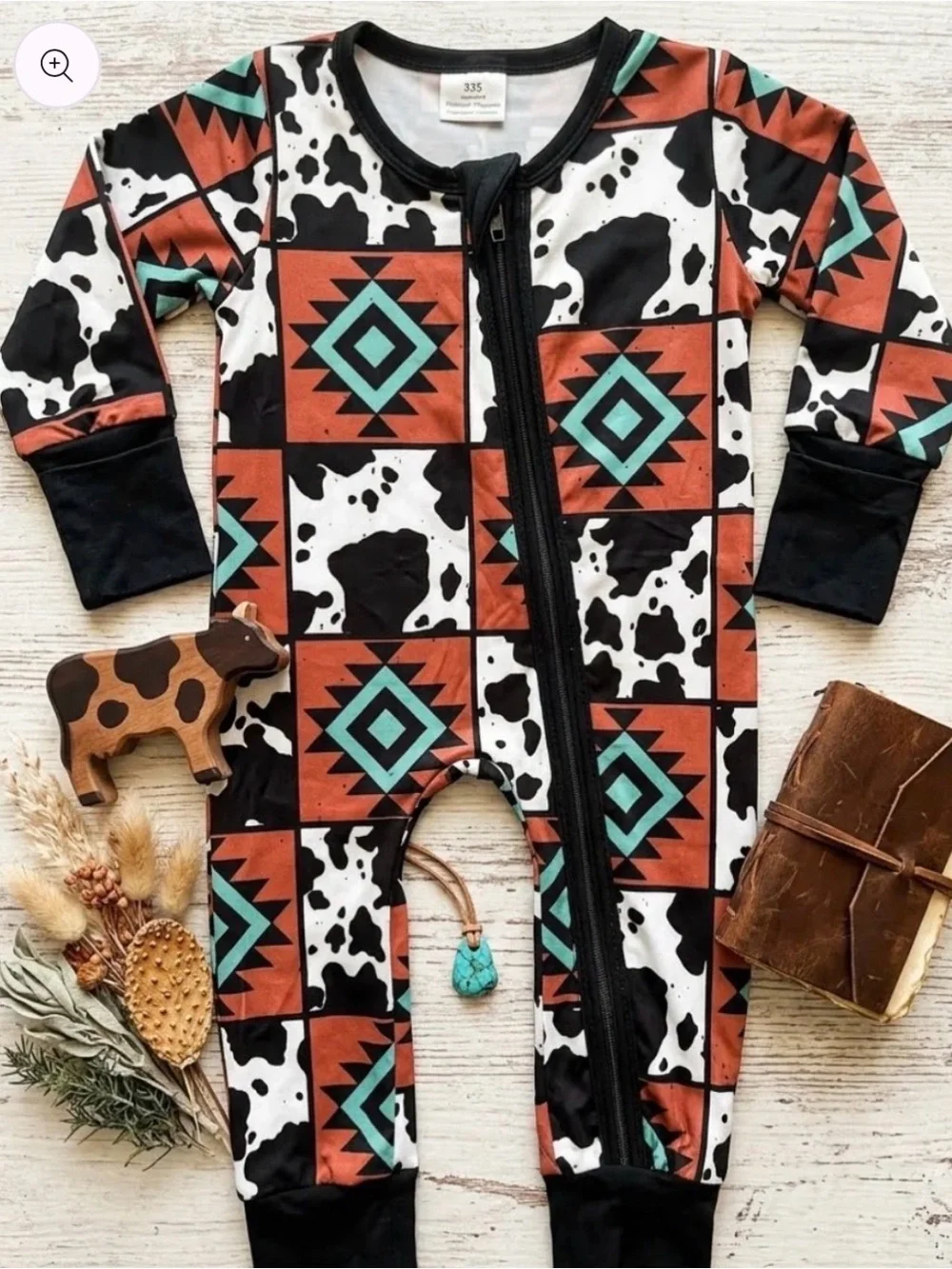 Kids Aztec Cowprint Zip-Front One-Piece Romper - Black, Rust & Teal